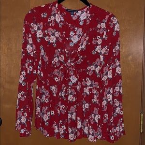 AE floral red print peplum tie cutout blouse